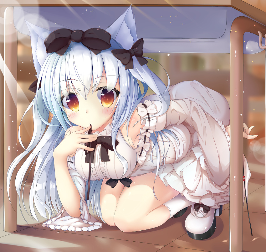 1girl absurdres alternate_costume animal_ears azur_lane blush breasts casual cat_ears classroom detached_sleeves finger_to_mouth hair_ribbon highres kneeling long_hair looking_at_viewer maritaki medium_breasts ribbon shoes silver_hair solo under_table yellow_eyes yukikaze_(azur_lane)