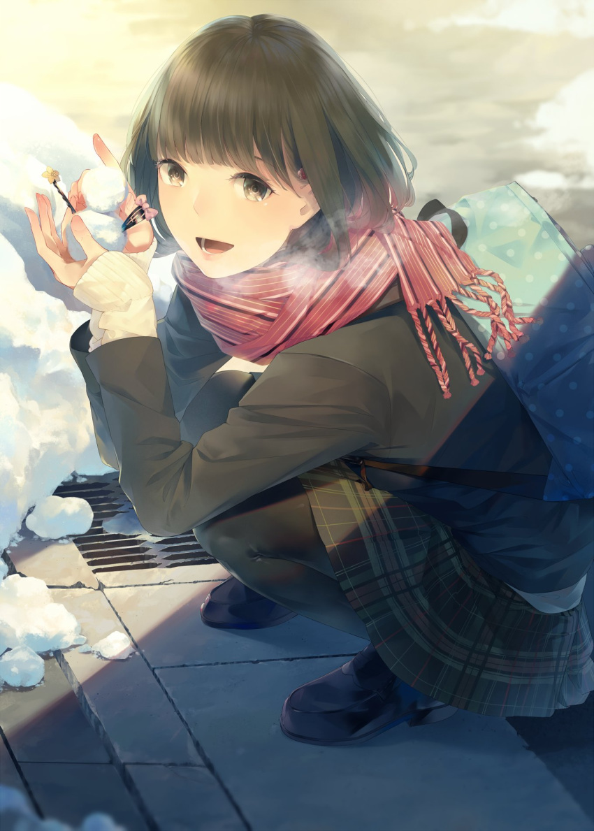 1girl :d black_footwear bow breath brown_eyes brown_hair brown_jacket brown_legwear brown_skirt day from_side highres jacket long_sleeves open_mouth original outdoors pantyhose pink_bow red_scarf scarf shoes short_hair skirt sleeves_past_wrists smile snow snowing snowman solo sousou_(sousouworks) squatting sweater white_sweater
