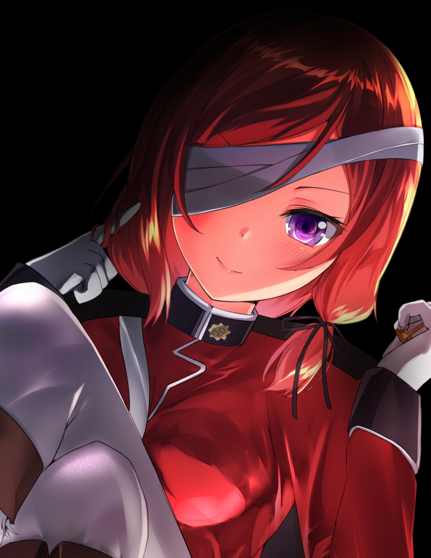 1girl black_background black_ribbon black_skirt boots closed_mouth cosplay dutch_angle eyepatch fate/grand_order fate_(series) florence_nightingale_(fate/grand_order) florence_nightingale_(fate/grand_order)_(cosplay) gloves hair_ribbon hair_twirling highres knee_boots legs_crossed lips long_sleeves looking_at_viewer love_live! love_live!_school_idol_project medium_hair military military_uniform miniskirt nanasumin nishikino_maki pantyhose redhead ribbon simple_background skirt smile solo uniform white_background white_gloves white_legwear