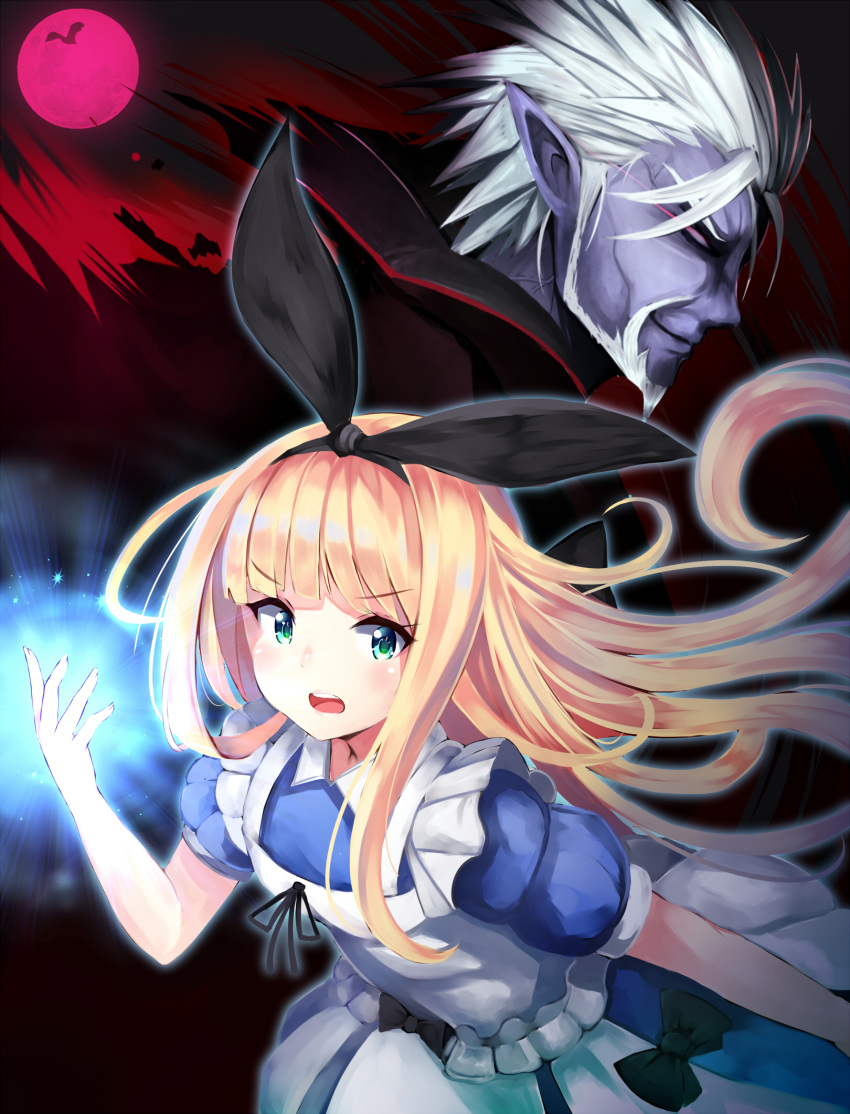 1boy 1girl apron bangs black_bow black_hairband black_ribbon blonde_hair blue_dress blush bow closed_mouth commentary dress eyebrows_visible_through_hair facial_hair fingernails full_moon gilzaren_iii glowing glowing_eyes goatee green_eyes hair_ribbon hairband hand_up highres irohasu long_hair looking_at_viewer mononobe_alice moon nijisanji open_mouth pink_moon pointy_ears puffy_short_sleeves puffy_sleeves purple_skin ribbon short_sleeves silver_hair smirk spiky_hair upper_teeth v-shaped_eyebrows very_long_hair virtual_youtuber white_apron