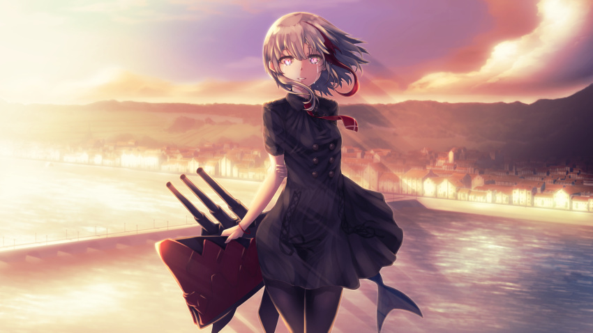 1girl admiral_graf_spee_(azur_lane) alicia_(schrdingerscat) arm_at_side arm_behind_back azur_lane bangs black_dress black_legwear blue_eyes blush breasts bridge building buttons cannon cityscape crying dress evening floating_hair hair_between_eyes hand_on_own_arm happy_tears highres legs_crossed light_rays looking_at_viewer machinery multicolored_hair necktie orange_sky pantyhose parted_lips red_neckwear redhead rigging scarf scenery short_hair sidelocks silver_hair sky small_breasts smile solo standing streaked_hair tears turrets water watson_cross