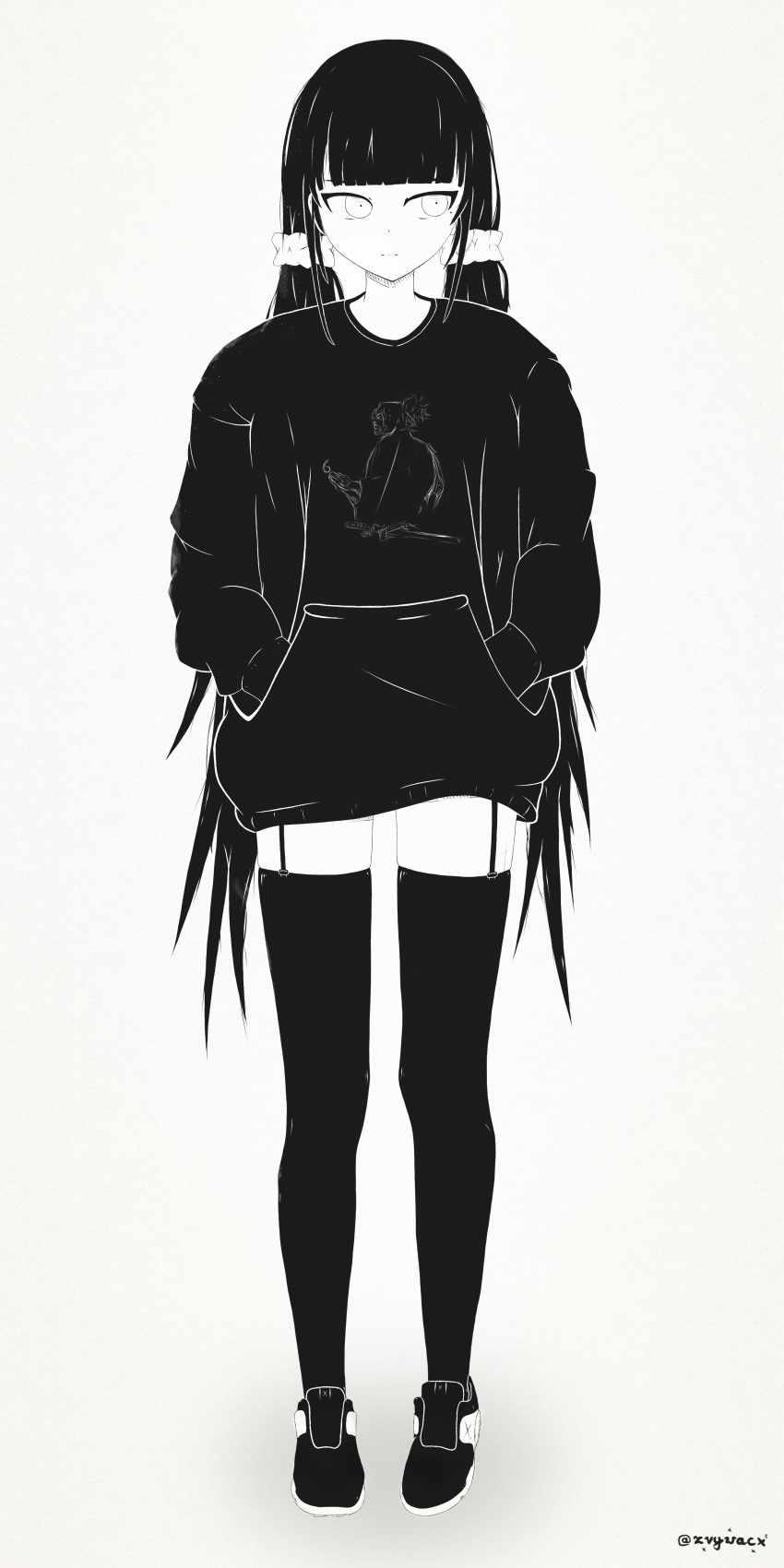 1girl absurdres dangan_ronpa greyscale hands_in_pockets harukawa_maki high_contrast highres long_hair looking_to_the_side monochrome new_dangan_ronpa_v3 pantyhose shoes simple_background sneakers solo standing suspe sweatshirt thigh-highs