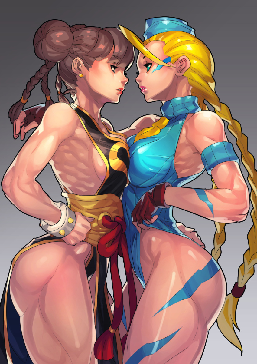 2girls absurdres ahoge armband ass bare_shoulders black_dress blonde_hair blue_eyes blue_leotard bodypaint braid breast_press breasts brown_hair cammy_white china_dress chinese_clothes chun-li double_bun dress earrings face-to-face fengmo_bojue fingerless_gloves garrison_cap gloves hand_on_hip hat highres huge_ahoge jewelry leotard lips long_hair medium_breasts multiple_girls muscle parted_lips side_slit sideboob standing street_fighter symmetrical_docking twin_braids very_long_hair