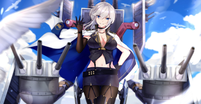 1girl azur_lane bangs belt bird black_gloves black_legwear blue_eyes blue_sky blurry boots breasts cannon chains choker cleavage clouds collarbone commentary_request cowboy_shot cross cross_necklace depth_of_field eternity_(pixiv8012826) eyebrows_visible_through_hair eyes_visible_through_hair floating_hair gloves hair_between_eyes half_gloves hand_on_hip hand_up head_tilt highres jacket_on_shoulders jewelry large_breasts looking_at_viewer machinery military_jacket mole mole_on_breast navel necklace outdoors pantyhose parted_lips pencil_skirt short_hair sidelocks silver_hair skirt sky smile solo thigh-highs thigh_boots washington_(azur_lane) wind wind_lift wrist_straps