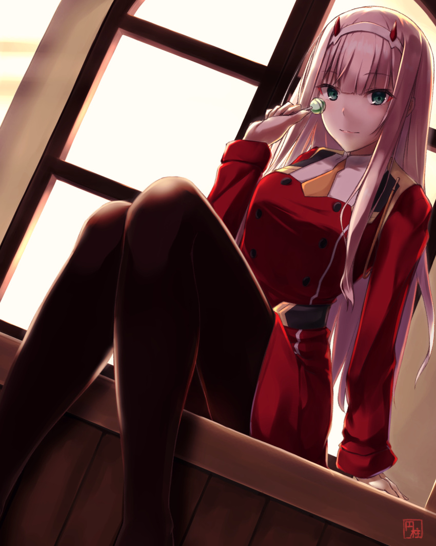 1girl belt black_legwear candy darling_in_the_franxx dutch_angle enchuu eyebrows_visible_through_hair food from_below green_eyes hairband highres holding holding_food indoors lollipop long_hair looking_at_viewer necktie orange_neckwear pantyhose pink_hair short_necktie sitting solo uniform very_long_hair white_hairband window zero_two_(darling_in_the_franxx)