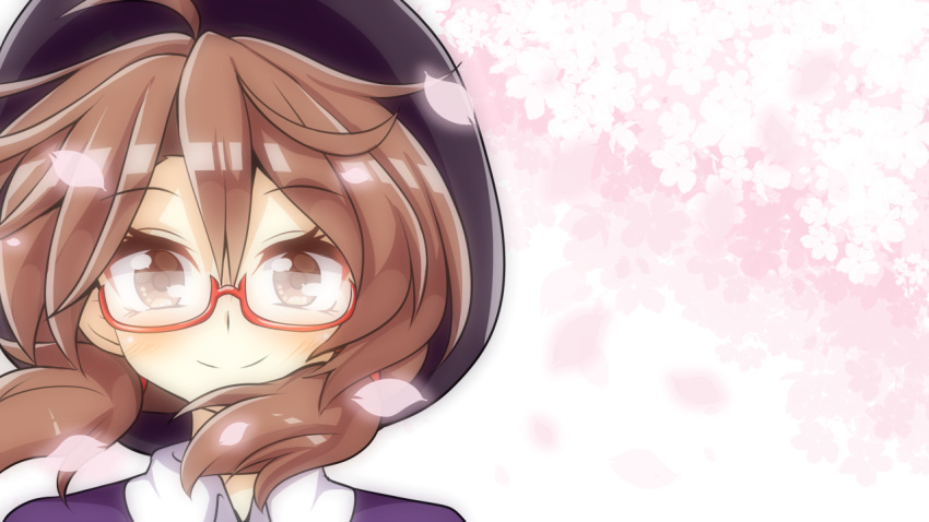 1girl ahoge aki_chimaki brown_hair cherry_blossoms commentary_request eyebrows_visible_through_hair floral_background glasses hair_between_eyes hair_blowing hat looking_at_viewer low_twintails medium_hair negative_space petals red-framed_eyewear semi-rimless_eyewear smile solo touhou twintails under-rim_eyewear upper_body usami_sumireko wind