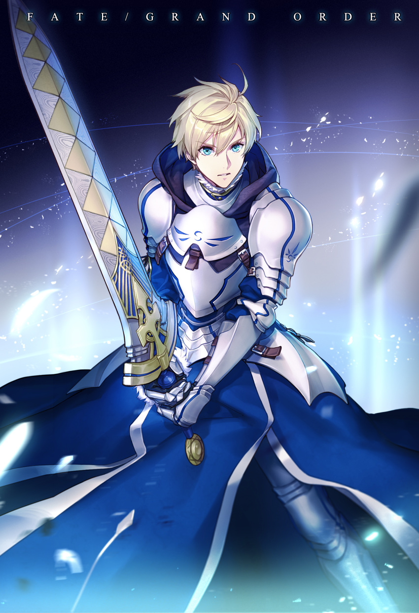 1boy absurdres aqua_eyes armor armored_boots armored_dress blonde_hair blue_dress boots copyright_name dress esha fate/grand_order fate/prototype fate_(series) gauntlets hair_between_eyes highres holding holding_sword holding_weapon looking_at_viewer parted_lips saber_(fate/prototype) solo spaulders standing sword weapon
