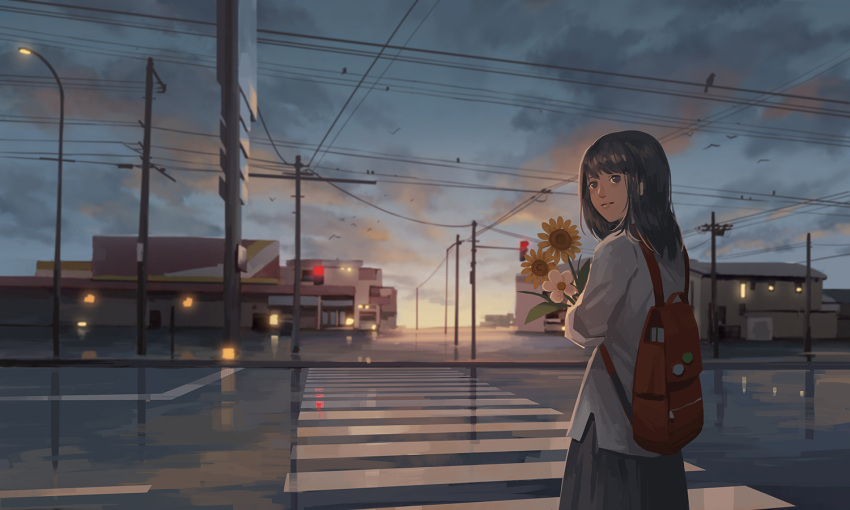 1girl backpack badge bag bird black_eyes black_hair blurry building button_badge clouds crosswalk daisy depth_of_field flower holding horizon house kitsu+3 lamppost lights long_hair looking_at_viewer looking_back original power_lines rain reflection road scenery skirt sky sunflower sunlight sunset telephone_pole