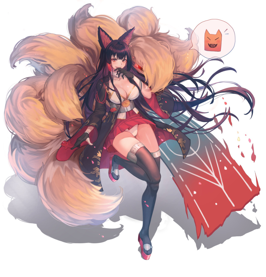 1girl akagi_(azur_lane) animal_ears azur_lane between_fingers black_gloves black_hair black_legwear breasts brown_eyes cleavage collar collarbone elrusa finger_to_mouth flight_deck fox_ears fox_tail full_body geta gloves highres japanese_clothes kyubey large_breasts leg_up long_hair long_sleeves looking_at_viewer multiple_tails obi open_clothes panties pantyshot pantyshot_(standing) parted_lips partly_fingerless_gloves red_footwear red_skirt sash simple_background skirt smile solo speech_bubble standing standing_on_one_leg tail thigh-highs thigh_gap underwear very_long_hair white_background white_panties wide_sleeves