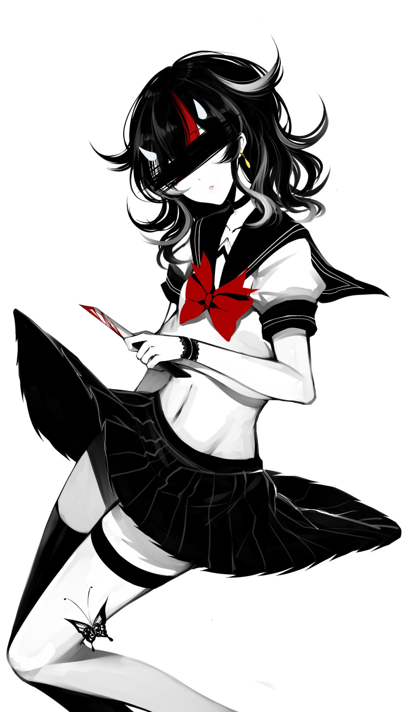 1girl absurdres black_choker black_hair blood bloody_weapon bow bug butterfly censored choker collarbone commentary_request crop_top earrings head_tilt highres holding holding_knife horns identity_censor insect jewelry kijin_seija knife limited_palette medium_hair midriff miniskirt monochrome multicolored_hair parted_lips pleated_skirt puffy_short_sleeves puffy_sleeves red_bow redhead school_uniform serafuku sheya short_sleeves simple_background single_thighhigh skirt solo spot_color streaked_hair thigh-highs thigh_strap touhou weapon white_background white_hair wristband