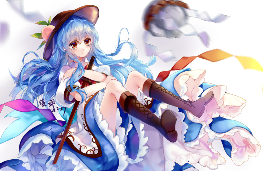 1girl artist_name black_hat blue_hair blush boots bow brown_footwear closed_mouth dated eyebrows_visible_through_hair food fruit hat hinanawi_tenshi holding holding_sword holding_weapon knee_boots ling_mou long_hair looking_at_viewer peach red_bow red_eyes solo sword sword_of_hisou touhou very_long_hair weapon