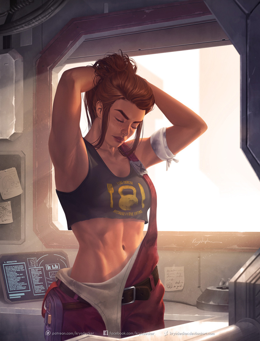1girl adjusting_hair armband armpits backlighting breasts brigitte_(overwatch) brown_hair closed_eyes clothes_writing commentary crop_top crowgod english_commentary eyebrows freckles hands_in_hair highres long_hair navel nose overalls overwatch ponytail single_strap sleeveless small_breasts solo stomach toned workshop