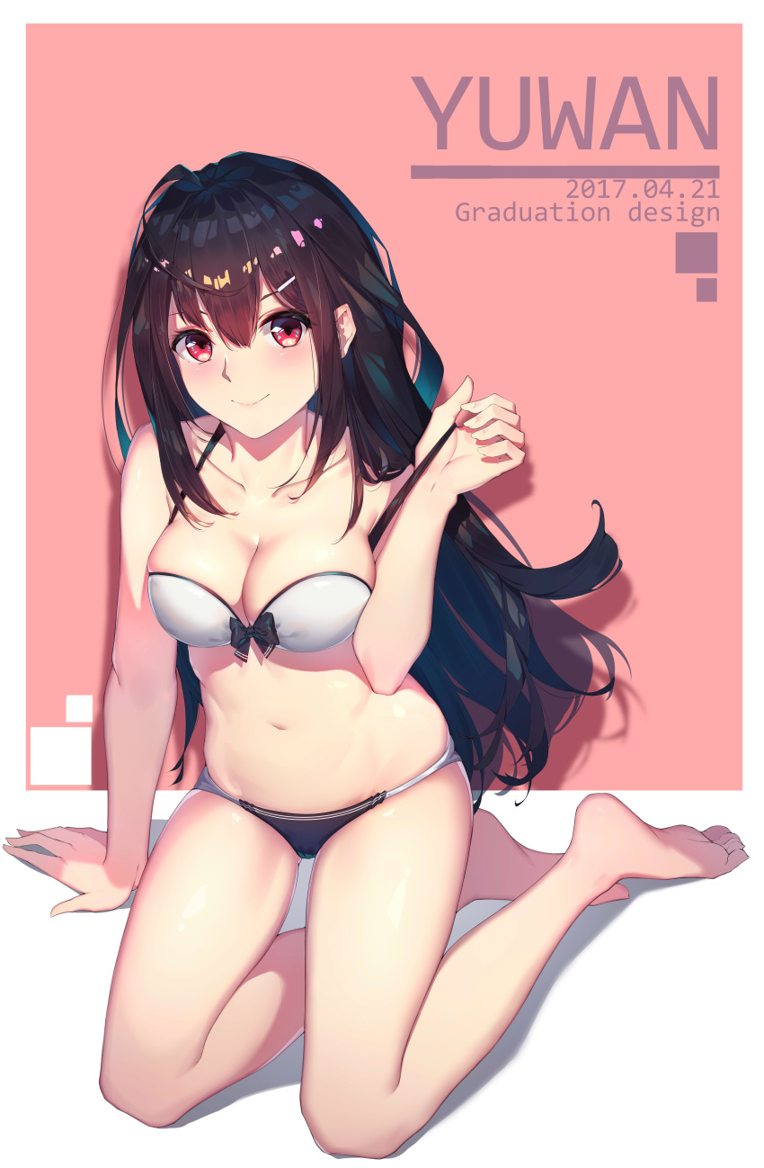 1girl absurdres ahoge arm_support bare_legs barefoot bikini black_hair breasts cleavage closed_mouth collarbone dated full_body gluteal_fold highres long_hair looking_at_viewer medium_breasts navel original red_eyes sidelocks simple_background sitting smile solo strap_slip swimsuit yokozuwari yuwan_2333