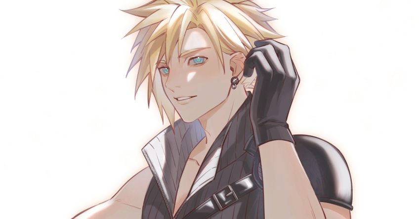 1boy belt_buckle black_gloves blonde_hair blue_eyes buckle cloud_strife collarbone commentary_request earrings final_fantasy final_fantasy_vii final_fantasy_vii_advent_children gloves hand_up hao_xiang_yishui_bu_xing highres jewelry light_smile male_focus parted_lips popped_collar ribbed_shirt shirt short_hair shoulder_belt single_bare_shoulder single_shoulder_pad sleeveless sleeveless_shirt solo spiky_hair stud_earrings upper_body white_background zipper