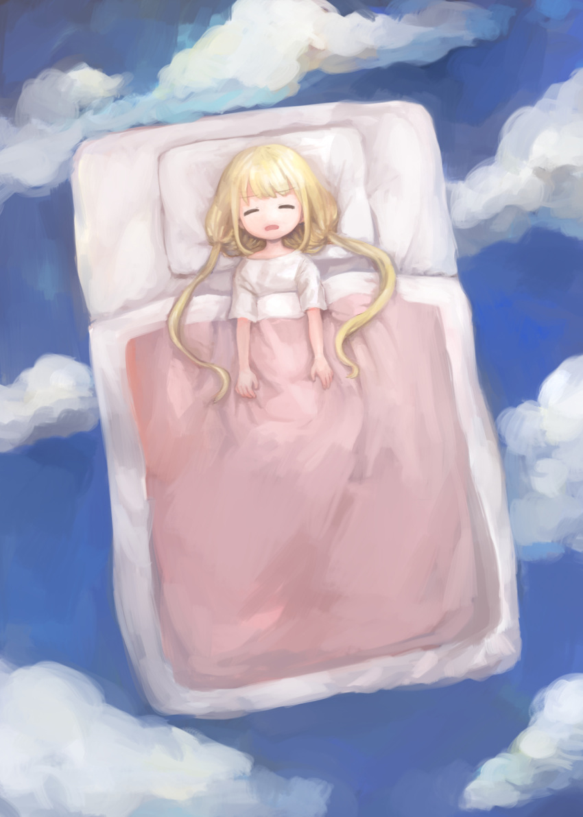 1girl blanket blonde_hair closed_eyes clouds cloudy_sky comeco commentary_request floating futaba_anzu futon highres idolmaster idolmaster_cinderella_girls long_hair low_twintails lying on_back open_mouth pillow shirt sky sleeping solo surreal twintails under_covers white_shirt