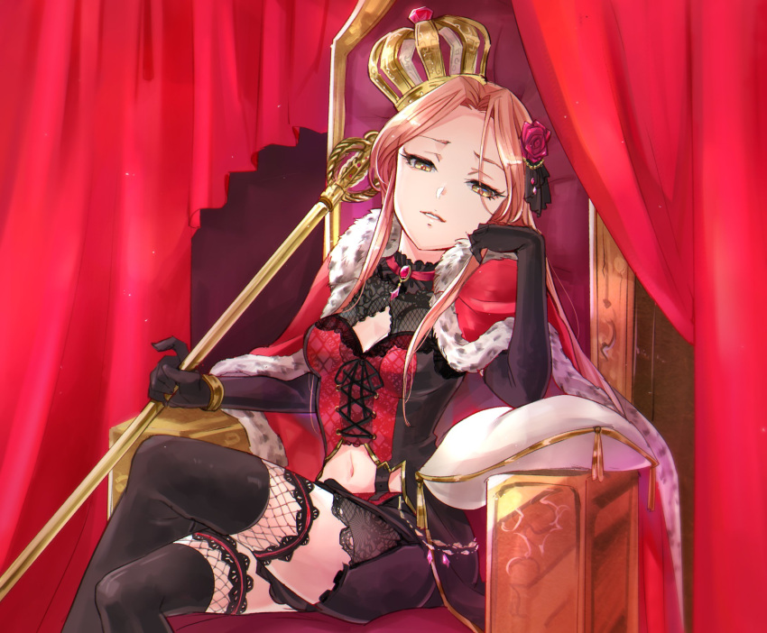 1girl bangle black_gloves black_legwear bracelet breasts brooch brown_eyes brown_hair cleavage cloak collar commentary_request cross-laced_clothes crown curtains elbow_gloves feet_out_of_frame fishnets flower frilled_collar frills fur_trim gloves hair_flower hair_ornament head_rest highres holding_scepter idolmaster idolmaster_cinderella_girls idolmaster_cinderella_girls_starlight_stage jewelry lace lace-trimmed_thighhighs legs_crossed long_hair looking_at_viewer medium_breasts miniskirt navel null_(chronix) parted_lips pillow red_cloak red_curtains scepter sidelocks sitting skirt solo thigh-highs throne zaizen_tokiko