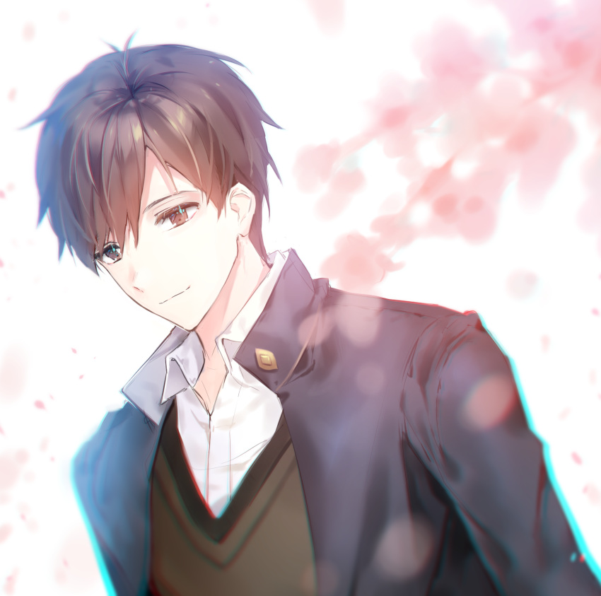 1boy brown_eyes brown_hair cherinova cherry_blossoms closed_mouth fate/prototype fate/prototype:_fragments_of_blue_and_silver fate_(series) highres kitano_tatsumi long_sleeves looking_to_the_side pink_petals shirt vest white_background white_shirt