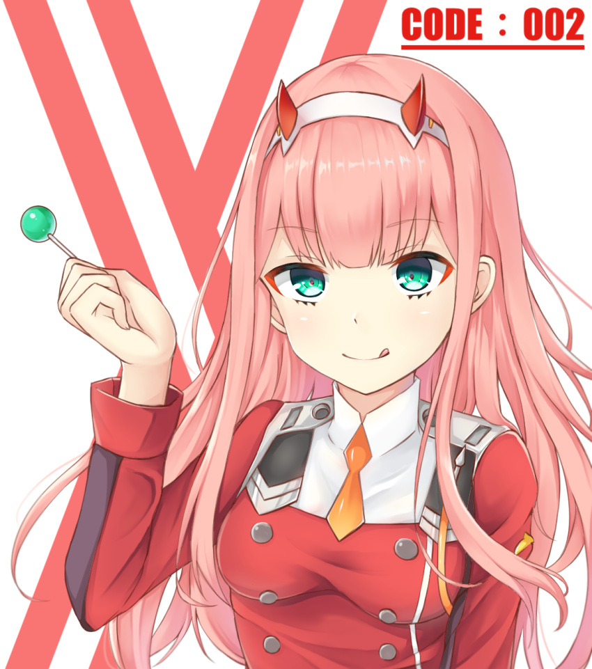 1girl :q bangs blush breasts candy closed_mouth commentary darling_in_the_franxx dress eyebrows_visible_through_hair fingernails food green_eyes hand_up highres holding holding_lollipop horns lollipop long_hair long_sleeves looking_at_viewer medium_breasts necktie orange_neckwear pink_hair red_dress seventeen_(st17215) short_necktie smile solo tongue tongue_out very_long_hair zero_two_(darling_in_the_franxx)