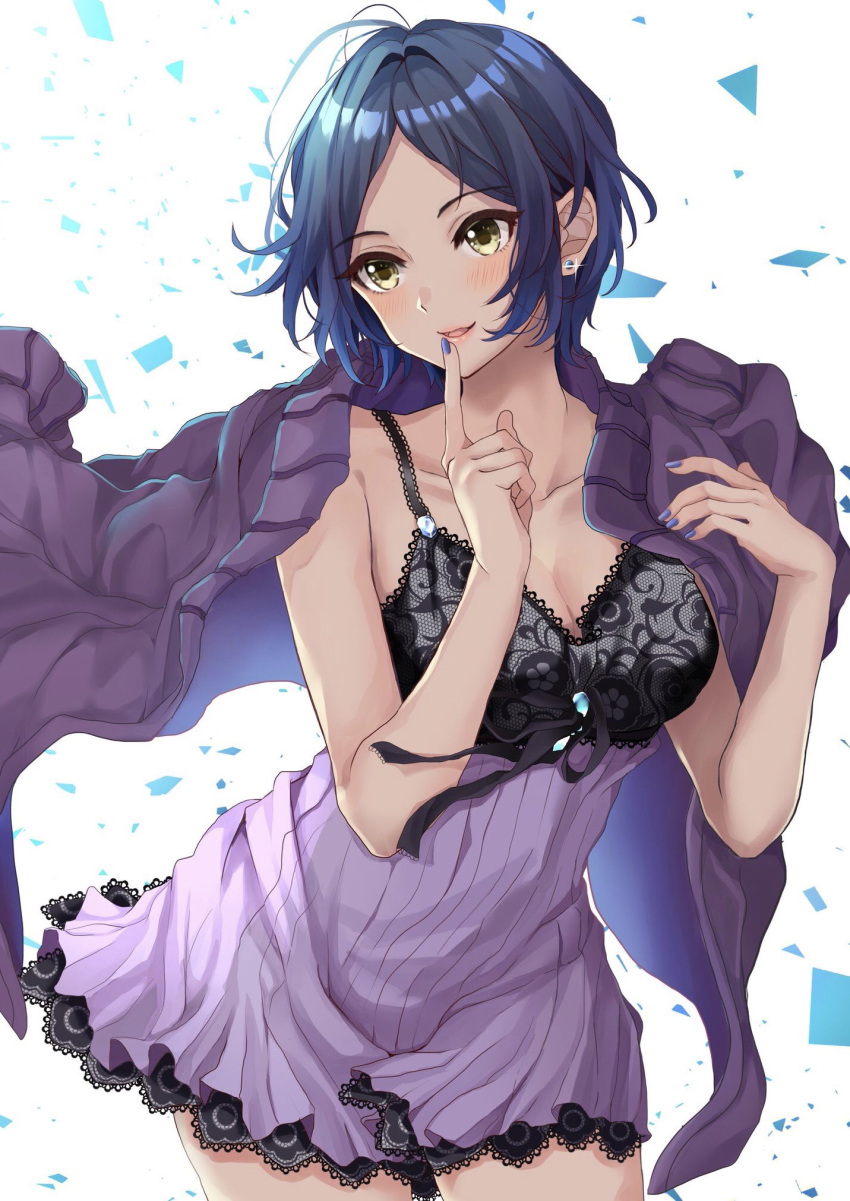 blue_hair blush breasts camisole cleavage commentary_request earrings finger_in_mouth frills hamu_(plot_sy) hayami_kanade highres idolmaster idolmaster_cinderella_girls jacket_on_shoulders jewelry nail_polish short_hair smile solo white_background yellow_eyes