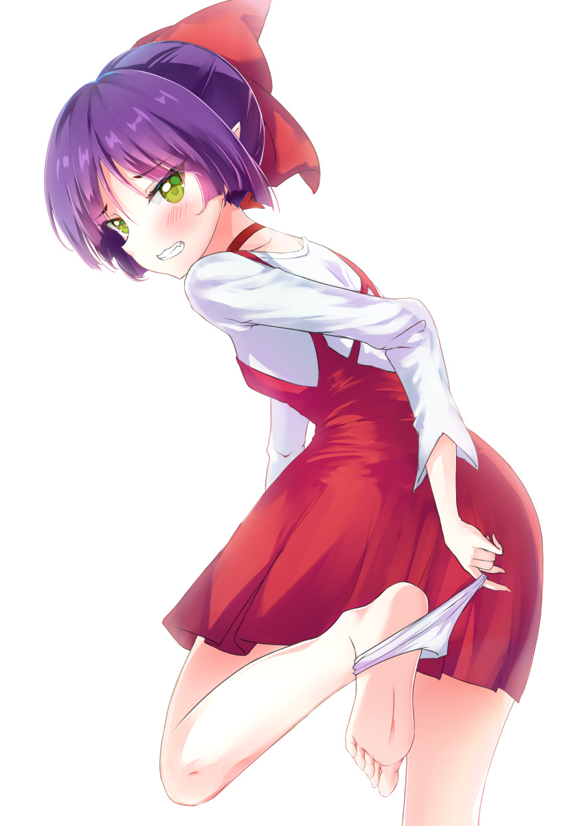 1girl absurdres bangs bare_legs barefoot blush bow choker clenched_teeth dress embarrassed eyebrows_visible_through_hair feet from_behind gegege_no_kitarou green_eyes hair_bow highres leaning_forward leg_up long_sleeves looking_at_viewer looking_back nekomusume panties panties_around_ankles panty_pull parted_bangs pinafore_dress pointy_ears realdragon red_bow red_choker red_dress shiny shiny_hair shirt short_hair simple_background soles solo standing standing_on_one_leg teeth toes tsurime underwear undressing violet_eyes white_background white_panties white_shirt