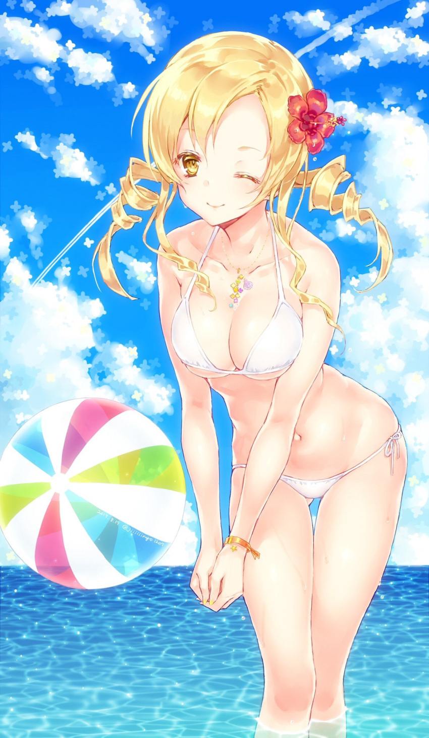 1girl ;) ball beachball bikini blonde_hair blue_sky bracelet breasts cleavage clouds cloudy_sky collarbone drill_hair flower hair_flower hair_ornament hibiscus highres jewelry jiinyo_(awamoe1207) large_breasts long_hair mahou_shoujo_madoka_magica navel one_eye_closed outdoors red_flower shiny shiny_skin side-tie_bikini sky smile solo standing swimsuit tomoe_mami twin_drills twintails under_boob water white_bikini yellow_eyes