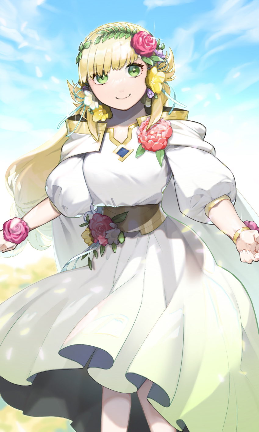 1girl absurdres alternate_costume blonde_hair blue_sky braid cloak crown crown_braid dress eyebrows_visible_through_hair fire_emblem fire_emblem_heroes flower flower_on_head hair_flower hair_ornament head_wreath highres ikura_(downdexp) long_hair looking_at_viewer multicolored_hair outdoors pink_hair sharena_(fire_emblem) sky smile solo white_dress