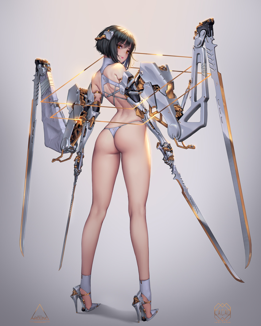 1girl android arched_back artist_name ass bangs black_hair brown_eyes closed_mouth dual_wielding eyebrows_visible_through_hair full_body headgear high_heels highres holding holding_sword holding_weapon kneepits lips looking_at_viewer looking_back love_cacao mecha_musume mechanical_arms original short_hair sidelocks solo standing sword thighs thong weapon