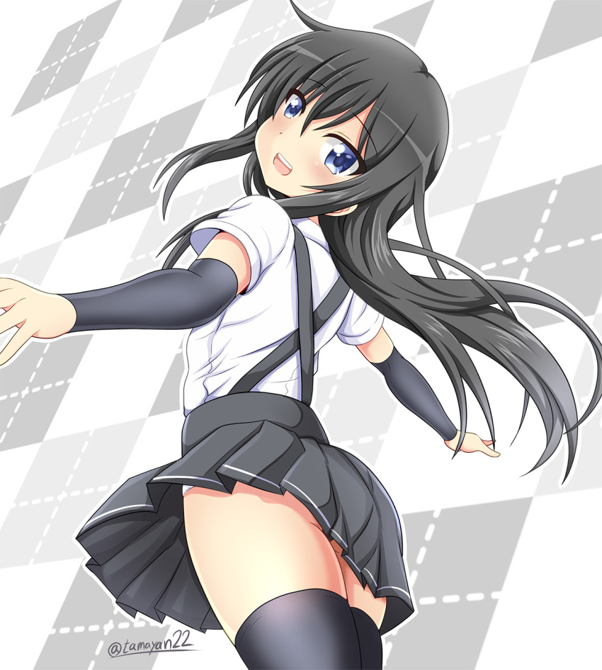 1girl :d arm_warmers asashio_(kantai_collection) back bangs black_hair black_legwear blue_eyes checkered checkered_background eyebrows_visible_through_hair highres kantai_collection long_hair looking_at_viewer looking_back open_mouth outline panties pleated_skirt school_uniform shirt short_sleeves skirt smile solo suspenders tamayan thigh-highs twitter_username underwear white_outline white_panties white_shirt