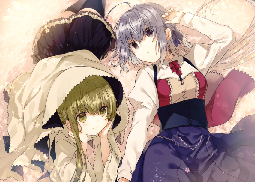 2girls ahoge black_legwear black_skirt blonde_hair character_request commentary_request eyebrows_visible_through_hair frilled_skirt frills hand_on_own_chin hood hoodie kazutake_hazano lavender_hair looking_at_another lying multiple_girls official_art on_back on_stomach original shiro_seijo_to_kuro_bokushi shirt sidelocks skirt thigh-highs violet_eyes white_shirt yellow_eyes