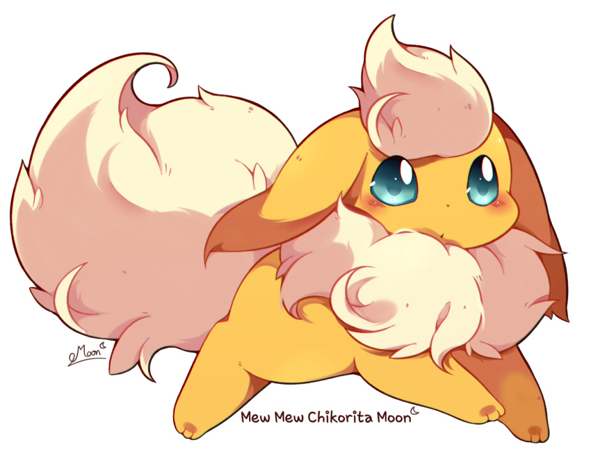 alternate_color artist_name blush closed_mouth crescent flareon full_body gen_1_pokemon green_eyes mew_mew_chikorita_moon no_humans pokemon pokemon_(creature) shiny_pokemon signature simple_background white_background