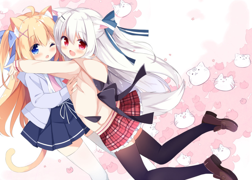 2girls :d :o ahoge animal_ears animal_hood bangs black_legwear blonde_hair blue_bow blue_eyes blue_skirt blush bow brown_footwear brown_hoodie cat_ears cat_girl cat_hood cat_tail commentary_request dog_ears dog_girl dog_tail eyebrows_visible_through_hair fang hair_between_eyes hair_bow hair_ornament hood hood_down hoodie hug koinu-chan loafers long_hair long_sleeves looking_at_viewer looking_to_the_side mimura_zaja multiple_girls one_eye_closed open_clothes open_hoodie open_mouth original pink_shirt plaid plaid_skirt pleated_skirt purple_hoodie red_eyes red_skirt shirt shoes sidelocks silver_hair skirt sleeves_past_wrists smile striped striped_bow tail thigh-highs upper_teeth very_long_hair white_legwear x_hair_ornament