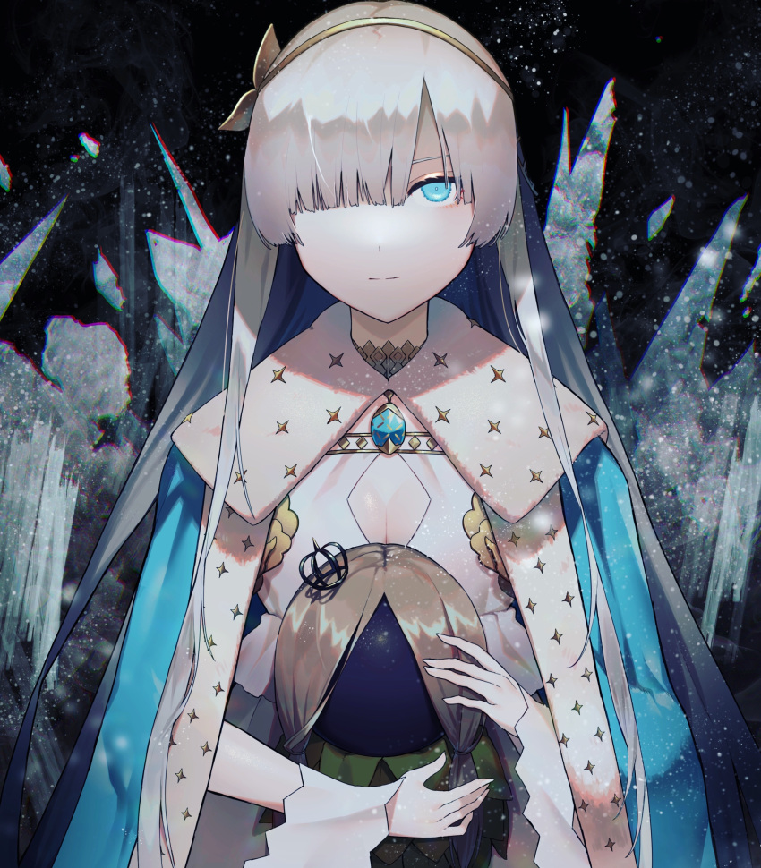 1girl absurdres anastasia_(fate/grand_order) bangs blue_cloak blue_eyes breasts brown_hairband brown_ribbon cleavage cleavage_cutout cloak closed_mouth commentary_request crown dress fate/grand_order fate_(series) hair_over_one_eye hair_ribbon hairband highres holding light_brown_hair looking_at_viewer mini_crown ribbon shibainu silver_hair solo white_dress