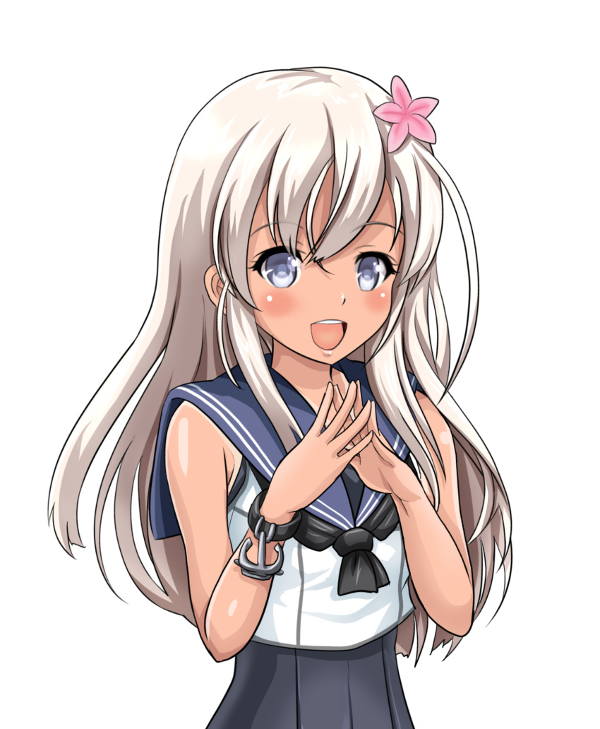 1girl :d anchor blue_eyes flower hair_flower hair_ornament highres kantai_collection long_hair looking_at_viewer open_mouth remodel_(kantai_collection) ro-500_(kantai_collection) school_swimsuit school_uniform serafuku silver_hair simple_background smile solo swimsuit swimsuit_under_clothes tan tanline tk8d32 white_background wristband