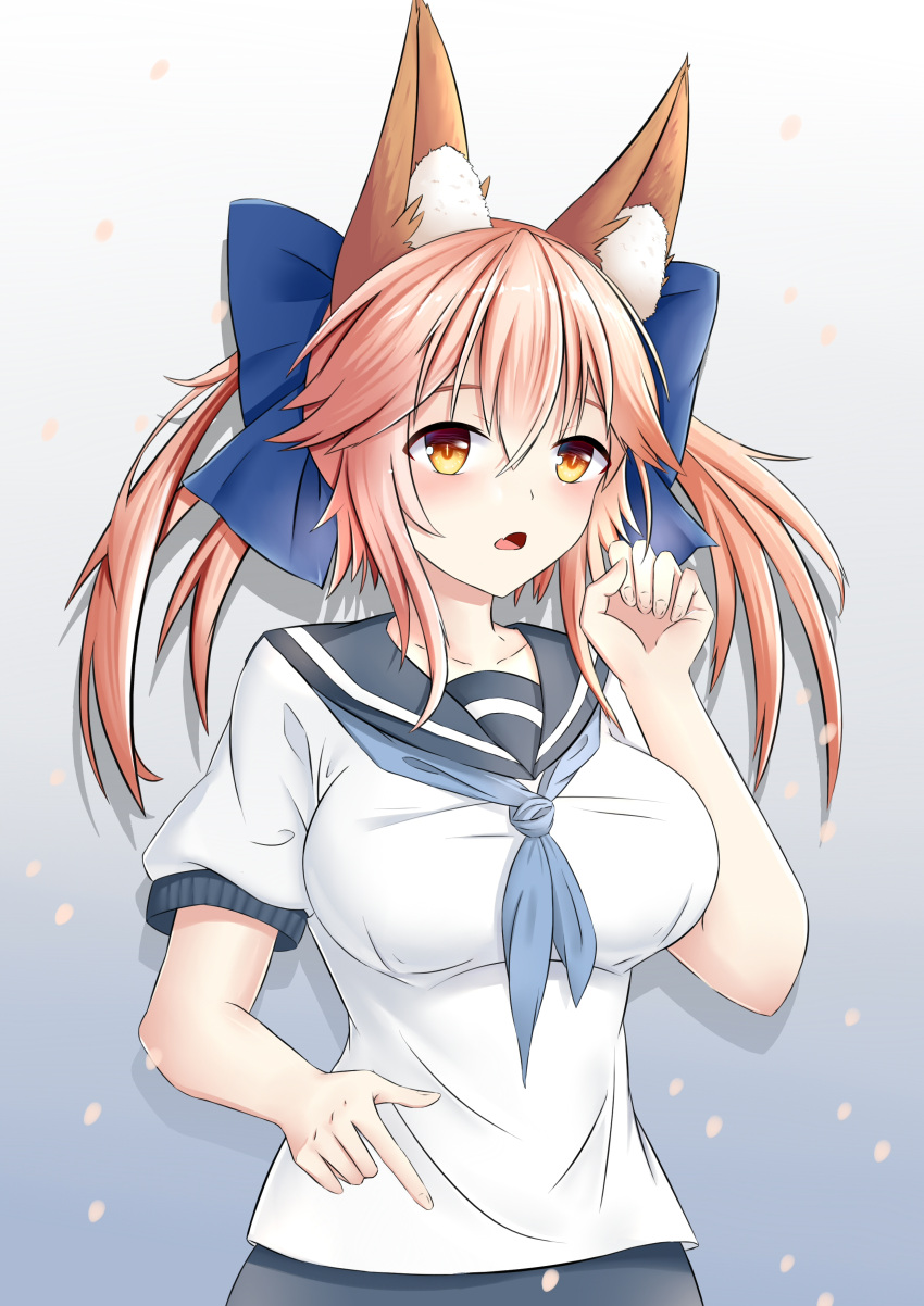 1girl absurdres alternate_costume animal_ears blue_ribbon blush breasts collarbone fang fate/grand_order fate_(series) fox_ears fox_tail gradient gradient_background hair_ribbon highres large_breasts open_mouth pink_hair ribbon school_uniform solo tail tamamo_(fate)_(all) tamamo_no_mae_(fate) yellow_eyes