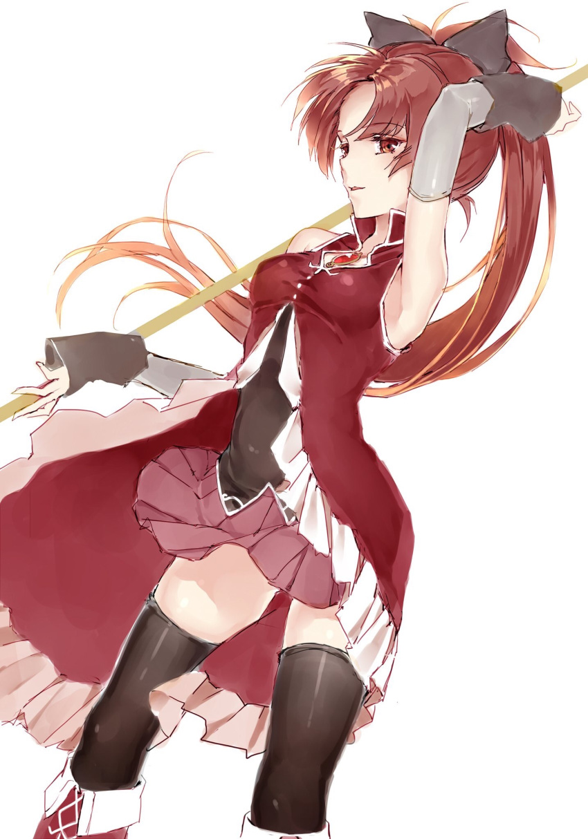 1girl arm_up black_bow black_legwear boots bow breasts brown_eyes brown_hair detached_sleeves eyebrows_visible_through_hair floating_hair hair_bow high_ponytail highres holding holding_weapon jiinyo_(awamoe1207) long_hair mahou_shoujo_madoka_magica miniskirt pink_skirt pleated_skirt polearm red_footwear sakura_kyouko shiny shiny_clothes simple_background sketch skirt small_breasts solo thigh-highs very_long_hair weapon white_background zettai_ryouiki