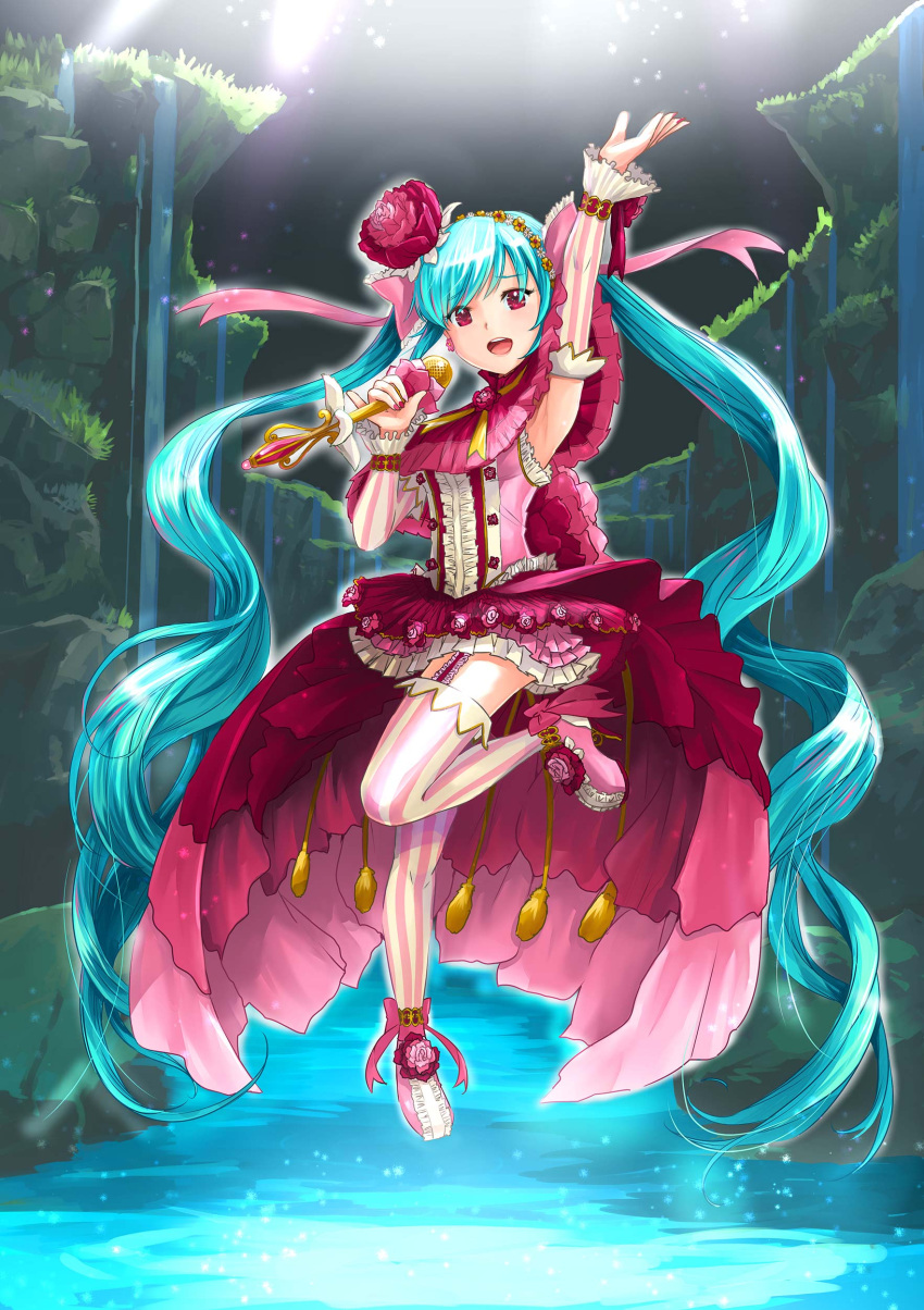1girl :d absurdres arm_up armpits blue_hair detached_sleeves earrings floating_hair flower frilled full_body garter_straps hair_flower hair_ornament hatsune_miku high_heels highres holding holding_microphone jewelry layered_skirt long_hair mayo_riyo microphone one_leg_raised open_mouth pink_footwear red_eyes red_flower shoes smile solo standing standing_on_one_leg striped striped_legwear thigh-highs twintails vertical-striped_legwear vertical_stripes very_long_hair vocaloid zettai_ryouiki