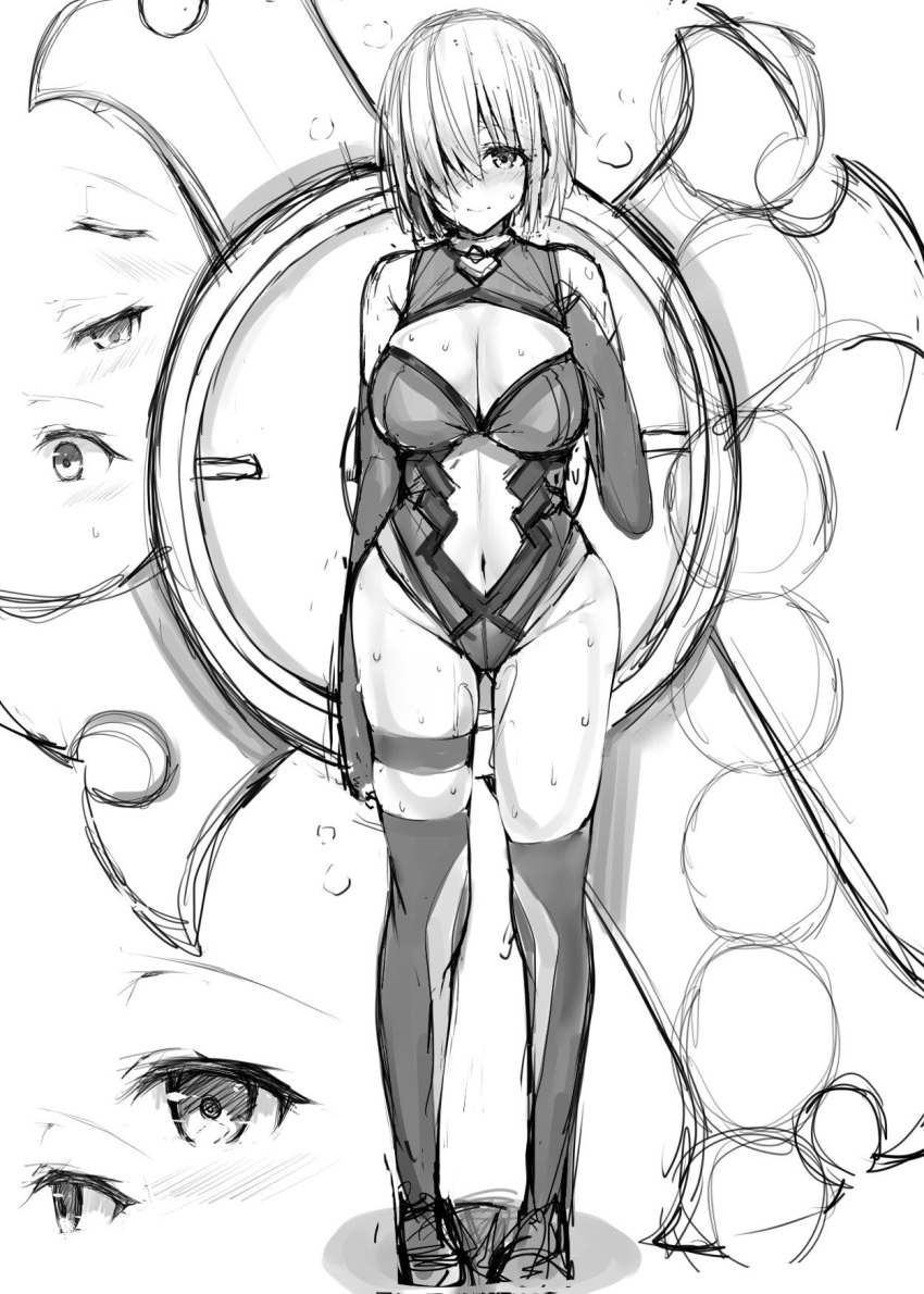 1girl blue_gk breasts elbow_gloves fate/grand_order fate_(series) gloves hair_over_one_eye highres large_breasts leotard mash_kyrielight monochrome short_hair sketch