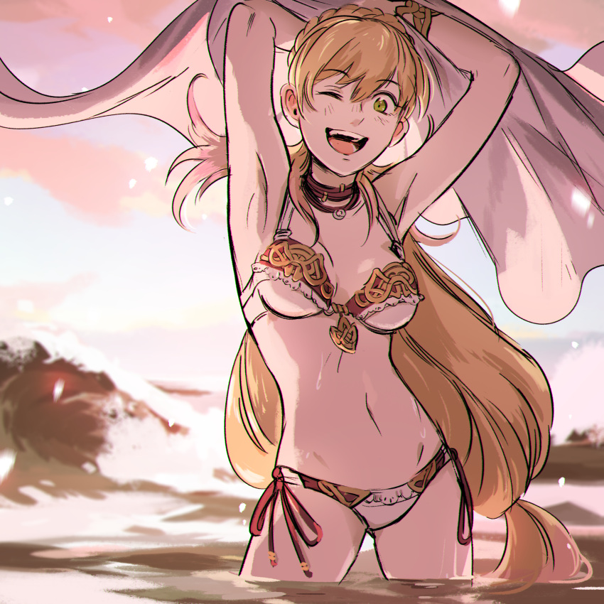1girl ;d absurdres adapted_costume armpits arms_up bikini blonde_hair braid breasts cleavage clouds cloudy_sky fire_emblem fire_emblem_heroes green_eyes highres katy_ho long_hair looking_at_viewer medium_breasts midriff navel ocean one_eye_closed open_mouth petals sharena side-tie_bikini sky smile solo swimsuit