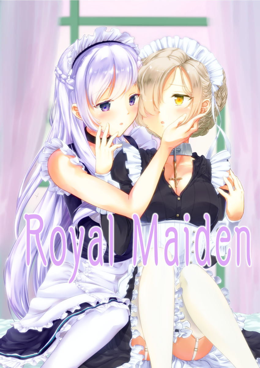azur_lane bed bed_sheet belfast_(azur_lane) blurry braid breasts brown_hair cleavage collar cover cover_page depth_of_field doujin_cover english french_braid garter_straps hair_over_one_eye hand_on_another's_cheek hand_on_another's_face highres long_hair maid maid_headdress parted_lips sheffield_(azur_lane) sitting violet_eyes wakamoto_riwo white_hair white_legwear yellow_eyes
