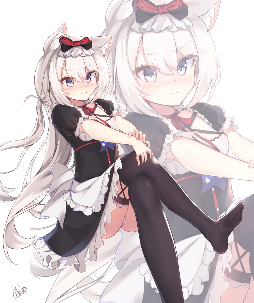 1girl alswp5806 american_flag american_flag_print animal_ears apron artist_name azur_lane bangs black_dress black_legwear blue_eyes blush bow cat_ears closed_mouth dress eyebrows_visible_through_hair fingernails flag_print frilled_apron frills hair_between_eyes hair_bow hammann_(azur_lane) highres legs_crossed long_hair no_shoes nose_blush one_side_up panties print_neckwear puffy_short_sleeves puffy_sleeves red_bow short_sleeves signature silver_hair simple_background sitting soles solo thigh-highs underwear very_long_hair waist_apron wavy_mouth white_apron white_background white_panties zoom_layer