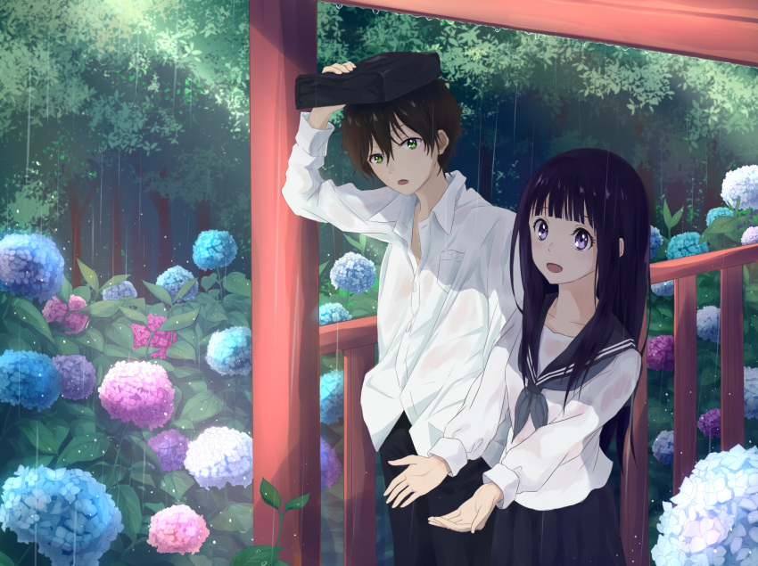 1boy 1girl :d bag bangs black_hair black_skirt blue_neckwear blunt_bangs brown_hair chitanda_eru day flower forest green_eyes hair_between_eyes highres hydrangea hyouka lavender_eyes leaf long_hair looking_at_viewer looking_to_the_side looking_up nature neckerchief object_on_head open_hands open_mouth oreki_houtarou outdoors outstretched_arms pleated_skirt rain sailor_collar school_bag school_uniform serafuku shelter shirt short_hair skirt smile untucked_shirt user_mnwn3283 water_drop wet wet_clothes white_shirt