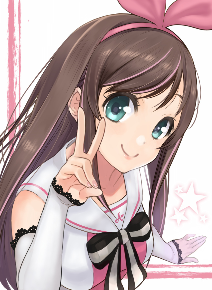 1girl a.i._channel aqua_eyes bangs bare_shoulders bow bowtie breasts brown_hair closed_mouth collarbone detached_sleeves eyebrows eyelashes hairband hand_up heart highres kizuna_ai lace lace-trimmed_sleeves lace_trim lips long_hair long_sleeves looking_at_viewer medium_breasts multicolored_hair pink_hair pink_hairband pink_lips pink_ribbon ribbon sailor_collar school_uniform serafuku shirt sleeveless sleeveless_shirt sleeves_past_wrists smile solo soranaka_ame star straight_hair streaked_hair striped striped_neckwear two-tone_hair upper_body v virtual_youtuber white_sailor_collar