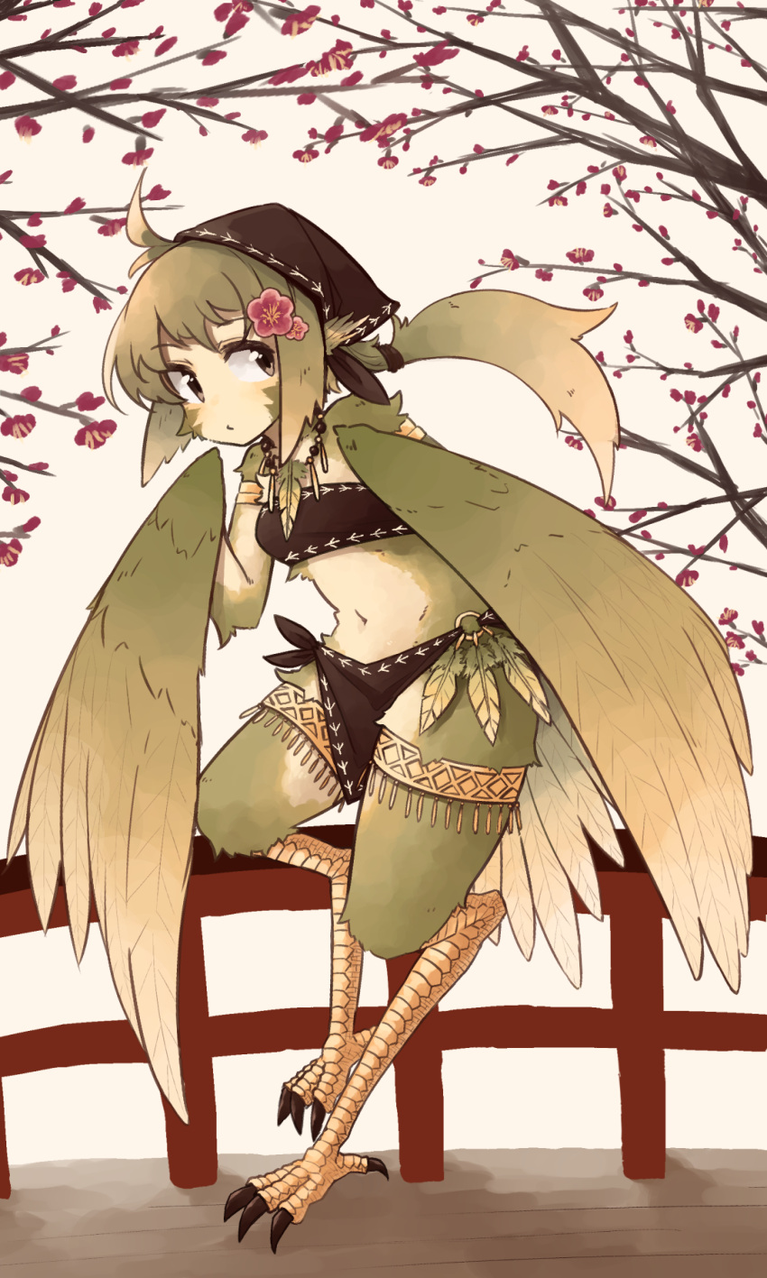 1girl ahoge blush branch claws closed_mouth feathers flower green_hair hair_flower hair_ornament harpy head_scarf highres kaginoni long_hair looking_at_viewer monster_girl navel o-ring original pelvic_curtain ponytail solo standing strapless tubetop wings