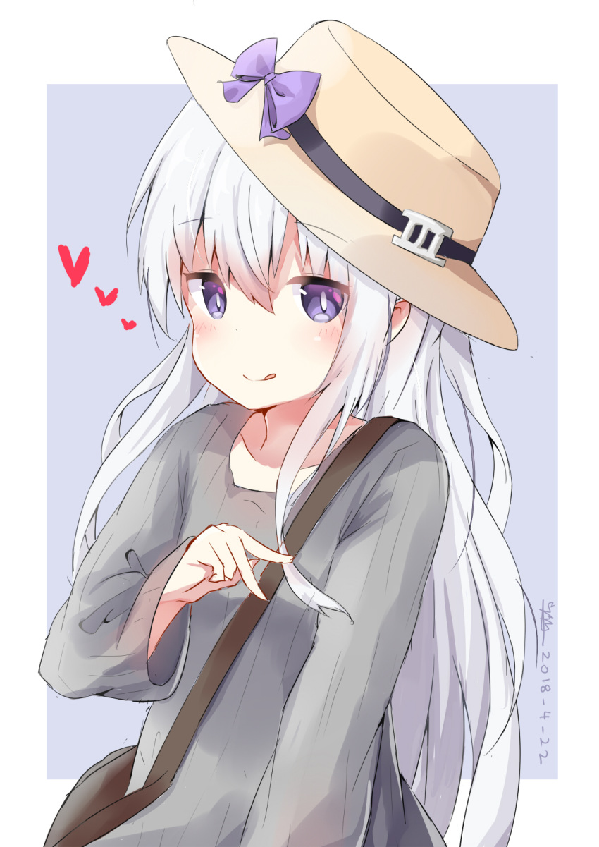 1girl alternate_costume bag blue_eyes dated dreamusun grey_shirt hair_between_eyes handbag hat heart hibiki_(kantai_collection) highres kantai_collection long_hair long_sleeves shirt silver_hair smile solo tongue tongue_out