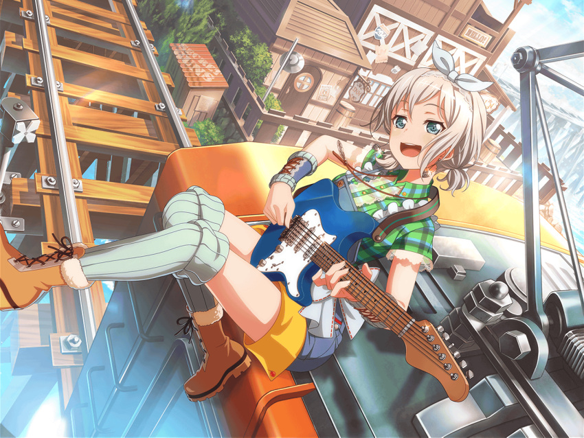 aoba_moca bang_dream! blue_eyes blush dress grey_hair guitar short_hair shorts smile