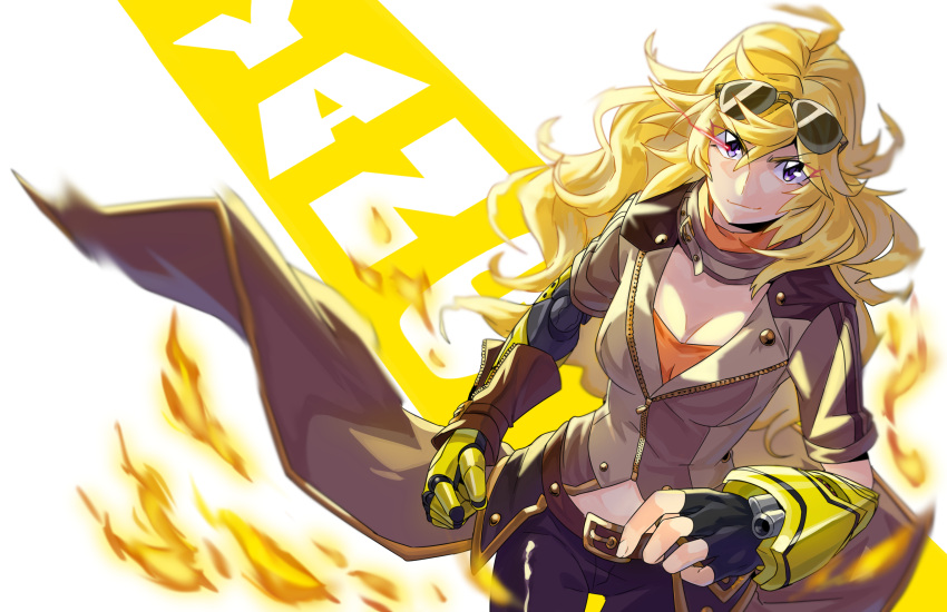 1girl absurdres blonde_hair breasts character_name cleavage fire highres ishmaiah_dado prosthesis rwby solo violet_eyes yang_xiao_long