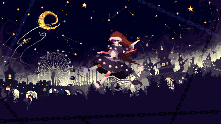1girl blue_eyes book boots capelet castle chains constellation crescent_moon doremy_sweet dress ferris_wheel hat highres lamppost looking_at_viewer moon night night_sky outdoors pixel_art pom_pom_(clothes) purple_hair red_hat sky smile solo star tail tapir_tail tea_basira touhou white_footwear