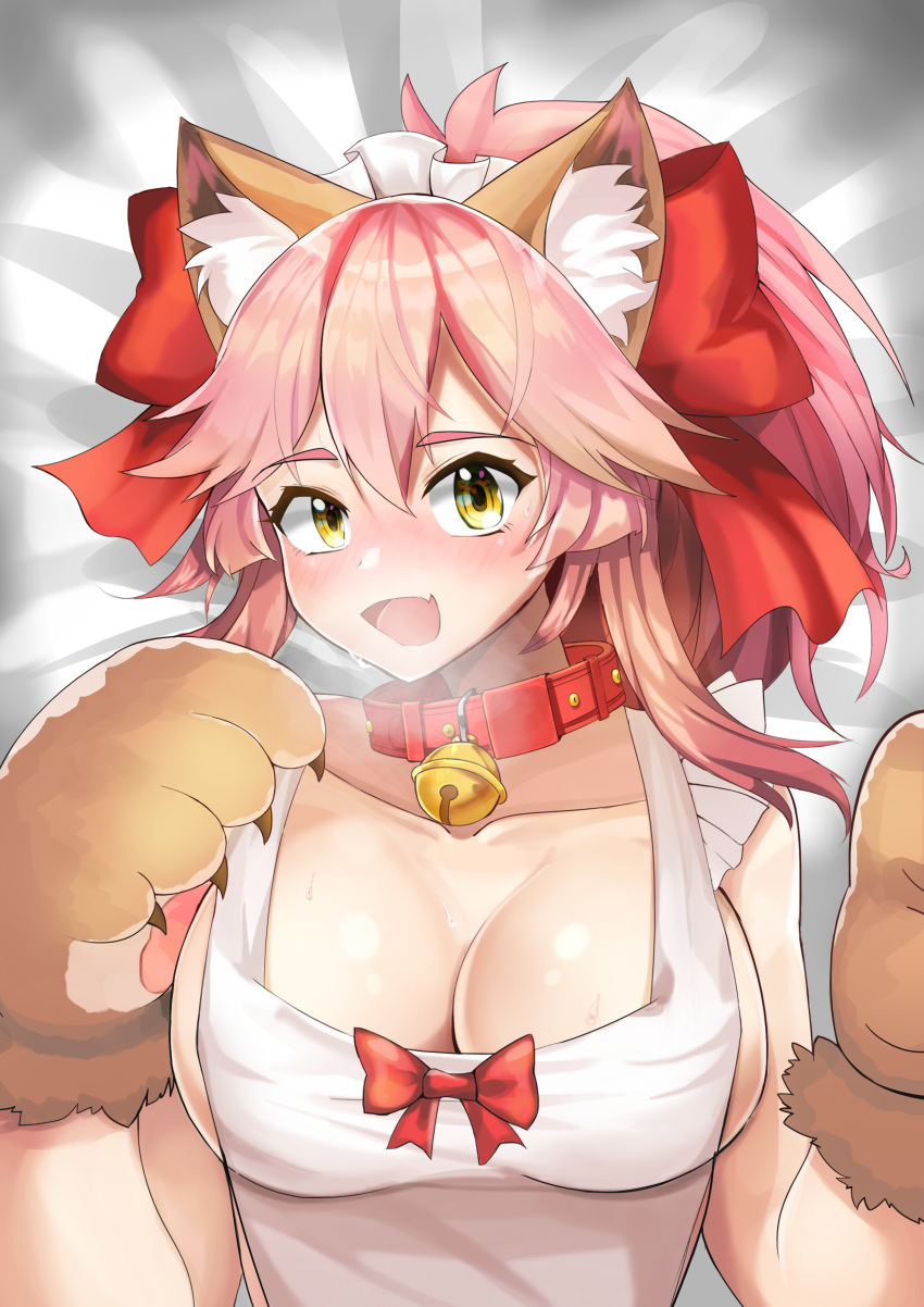 1girl absurdres animal_ears apron bell bell_collar blush breasts cat_paws cleavage collar collarbone fangs fate/grand_order fate_(series) fox_ears gloves harsegerwa highres jingle_bell large_breasts long_hair looking_at_viewer naked_apron open_mouth paw_gloves paw_shoes paws pink_hair ponytail shoes solo sweat tamamo_(fate)_(all) tamamo_cat_(fate)