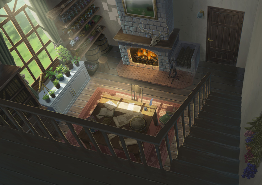 animal_skull barrel book bookshelf chair commentary curtains door fire fireplace from_above globe hirose_yuki indoors jar no_humans open_book original plant potted_plant railing rug scenery stairs stool table telescope window wooden_floor wooden_stool
