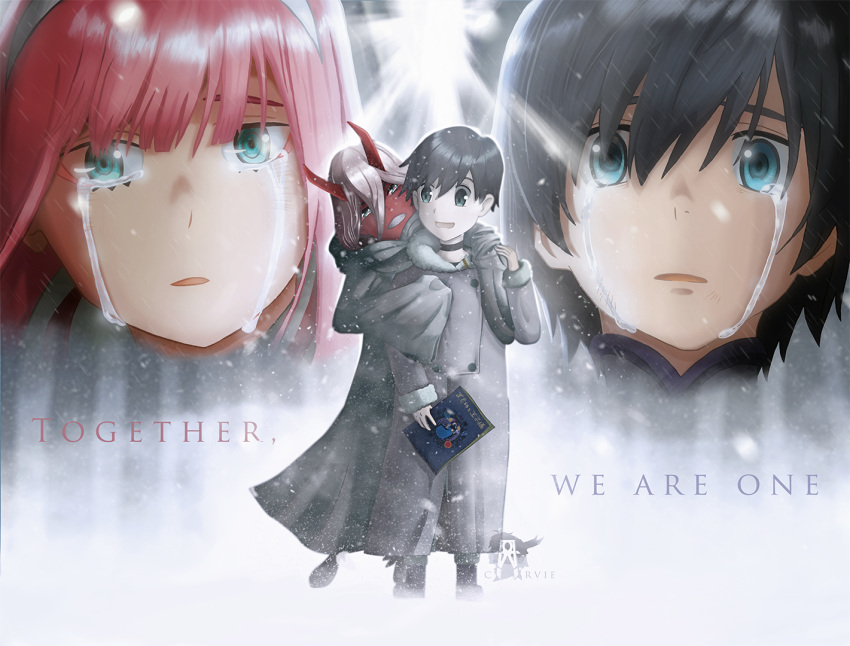 1boy 1girl aqua_eyes black_collar black_hair book cloak coat commentary crying crying_with_eyes_open darling_in_the_franxx green_eyes hairband hiro holding holding_book hood hood_down horns hug hug_from_behind john_carvie open_mouth pink_hair red_skin smile snowflakes spoilers tears white_hairband zero_two_(darling_in_the_franxx)